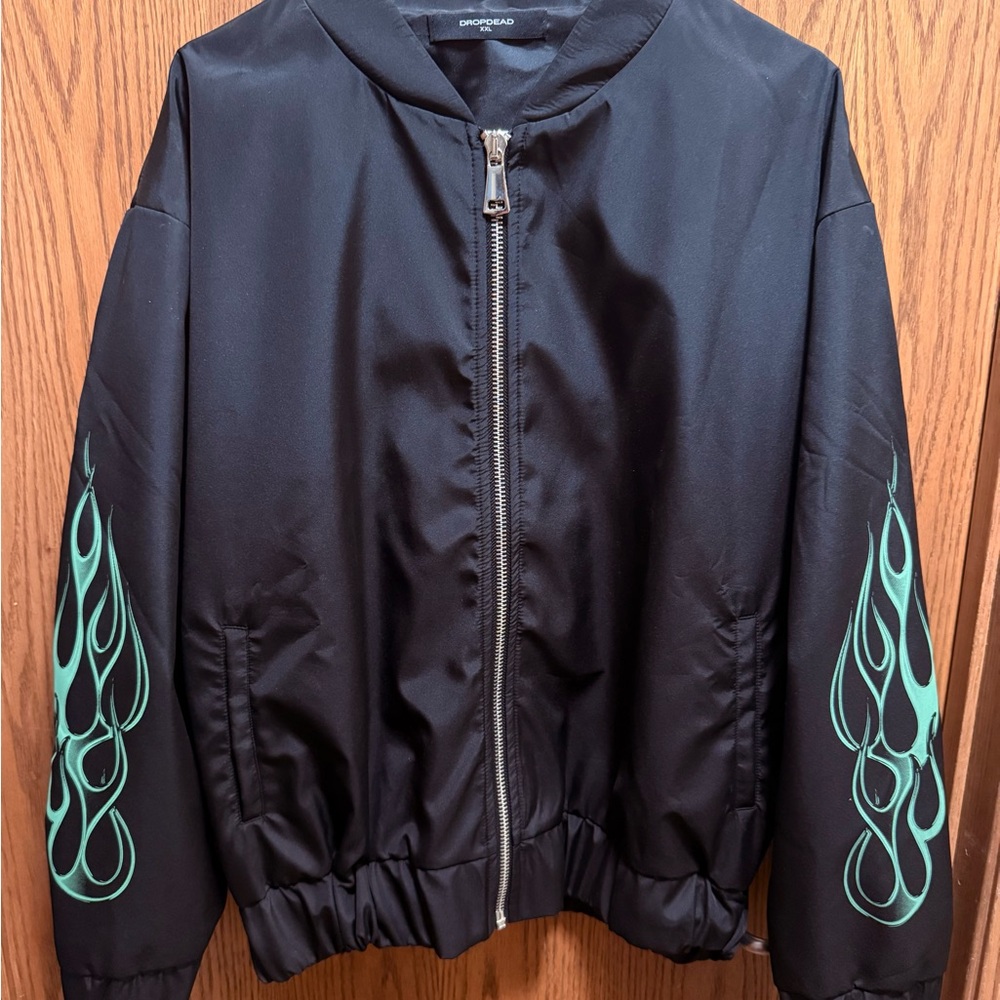 Stylish Black Bomber Jacket with Green Flame Design NEW !